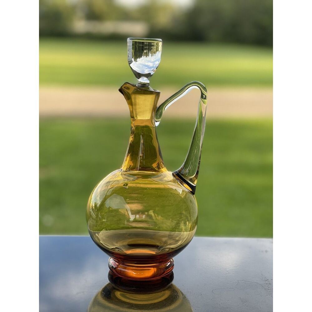 Vintage Clear Handle Amber Glass Pitcher Art Hand Blown 12” Decanter Decorative - Picture 1 of 8